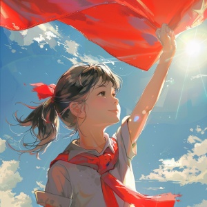 动漫画，阳光明媚，一个梳着马尾带着红领巾的小女孩，在国旗下，开心的敬礼。