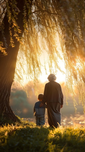 夕阳下，老奶奶抱着孙子的背影，现在柳树下，柳树叶子很长，垂向地面，老奶奶抱着孙子望向远方，高清画质，中远景镜头，32k高清