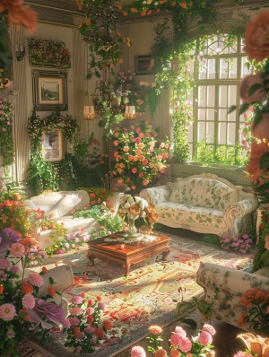 a living room set with lots of flowers on the floor, in the style of ethereal and dreamlike atmosphere, miwa komatsu, green, cute anddreamy, multi-layered, pastoral charm, grandiose color schemes ar 3:4