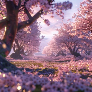 Miyazaki Hayao animation style, ten miles of cherry blossoms in full bloom, fantasy, sparkling