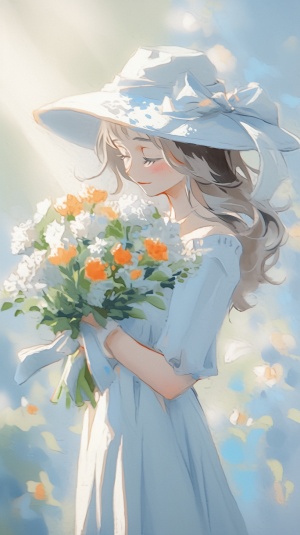 一个女孩，穿白色裙子，蓝色薄荷色调，戴帽子，捧着一束花，背景有很多白色的花，景深，电影光线，强烈光影效果