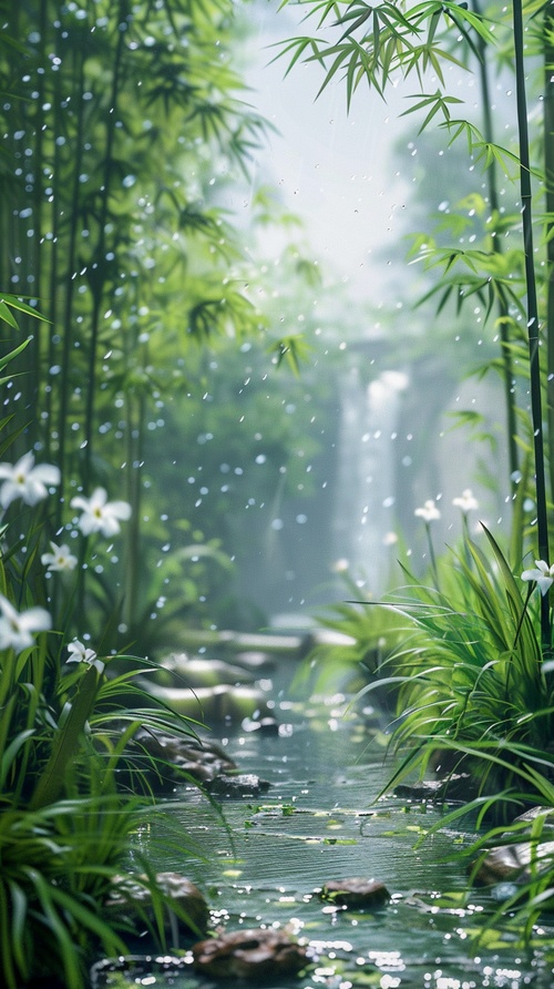 rain,rain day,grass,(waterfall:1.3),rivers,Water spray,meadow,Spring rolls,bamboo,bamboo forest,bamboo shoot,(White flowers:0.5),Font Art,Focus in the middle,Natural scenery,no people,masterpiece,high-definition details,3D art,C4D,OC rendering,light green,depth of field,clear contrast between front and backlora