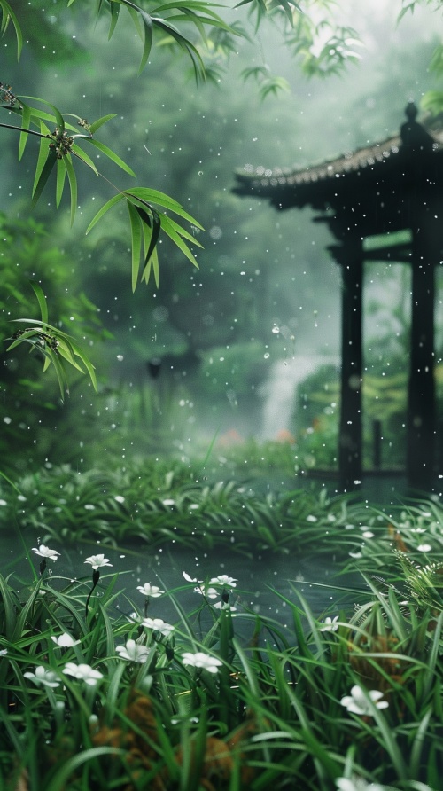 rain,rain day,grass,(waterfall:1.3),rivers,Water spray,meadow,Spring rolls,bamboo,bamboo forest,bamboo shoot,(White flowers:0.5),Font Art,Focus in the middle,Natural scenery,no people,masterpiece,high-definition details,3D art,C4D,OC rendering,light green,depth of field,clear contrast between front and backlora