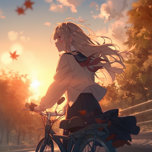 秋天天高气爽，乡间小道，路旁枫树落叶随风，刚放学的一个穿校服的女生，长发飘飘，骑着自行车，迎着夕阳