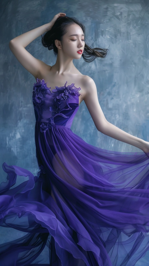 A Chinese beauty, wearing a purple ballet dress in a full body photo taken in the style of front face photography, with a plump figure captured through high-definition photography. ar 17:32