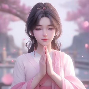 中国修仙古代风格，汉服，一个穿着粉色长袍的青年女子看着自己的手，沉默的表情，正面看去，广角镜头，新动漫风格，完美的面部细节，8K，高质量，杰作， ar 1:1 s 250