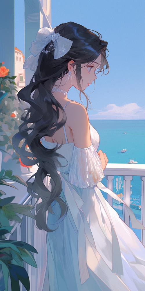 她有着黑色的长发，头发上有星星发饰，有一双像海洋般蓝色的眼睛，身穿着白色的连衣裙，上边有蝴蝶结装饰，蔚蓝的天空下，坐在阳台上看向外面的大海