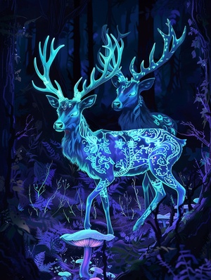 深林麋鹿🌲🌲主体是two luminous deers in neon gothic tattoos（两只霓虹灯哥特式纹身的发光鹿），场景是running in a dark woods（在黑暗的树林中奔跑），环境描述是growing neon luminous plants and glowing transparent fungus（种植霓虹灯发光植物和发光的透明真菌），风格是ethereal illustration（空灵插图），luminogram（发光图）咒语：two luminous deers in neon gothic tattoos, running in a dark woods growing neon luminous plants and glowing transparent fungus, ethereal illustration, luminogram ar 3:4 v 6.0 s 100 q 1