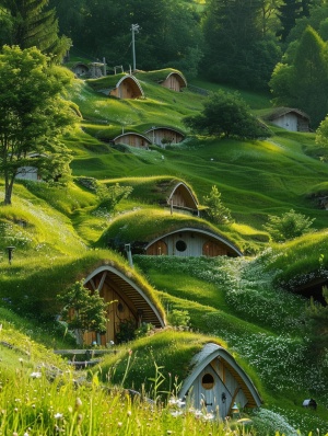 瑞士的小镇山村小木屋，隐匿在郊外的绿草茵茵之中，静候着游客的到来。繁花似锦、树木葱茏，构成了如同童话般的仙境，每一个小木屋都独具匠心、別具一格，让人目不暇接。有些小屋顶部采用草编制而成，散发出古朴温馨的氛围，有些巧妙地将自然元素与现代科技相结合，展现出工匠精神的风采，令人叹为观止。远处的溪水潺潺，曲折的小径蜿蜒而过，构成了一幅巨大的山水画卷，让人仿佛置身于仙境之中。这里是一个恬静而美好的去处，让您一步步走进了一个典雅的童话世界。真实拍摄 .