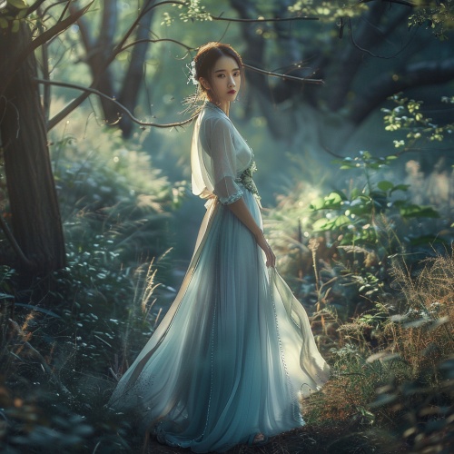 身穿汉服的美女，飘逸的浅蓝色裙子，梦幻的眼睛，走在深林中