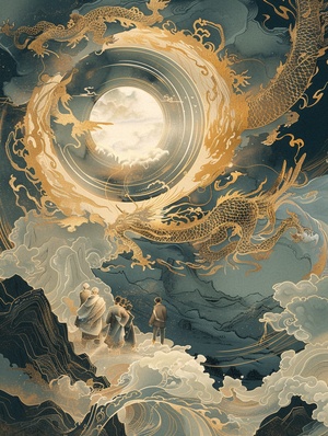 AI国风I敦煌神话风 A Dunhuang style illustration about the Classic of Mountains and Seas, Chinese Dunhuang style, chinoiserie painting style, with a circular light in the center and a dragon circling, a chinese style dragon circling in a circle in the center of the picture, in gold and dark blue, anime style, Featuring a millennium aesthetic, ultra-detailed illustrations, swirling vortices, high resolution, showing a group of people standing on camels by the water, including many details such as colorful animation 