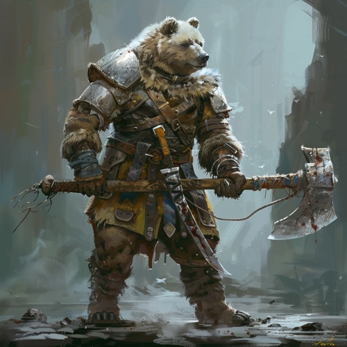 身披简陋铠甲，手持长柄斧的熊人，奇幻游戏风格