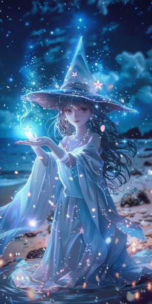 一个可爱的动漫女孩,穿着发光的斗篷和尖顶帽子,正在施法,她在夜晚的海滩上施展光魔法,周围有闪烁的星星,她有一张极其细致的脸庞,可爱的白色星星披风,发光的蓝色光环,她微笑着,可爱的姿势,奇奇艺术风格。