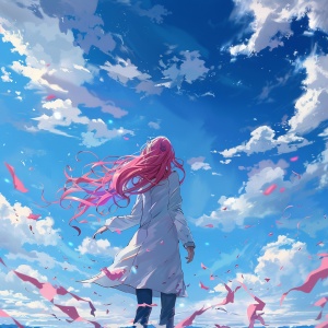 晴朗的蓝天白云下，一位身席白色上衣粉色裙摆jk的少女，散着一头粉色长发
