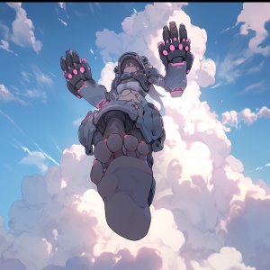 科技感，女机器人，飞在天上，展示脚底，大脚，美丽的脚