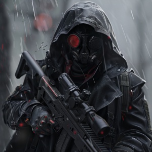一个穿着黑色风衣带着兜帽带着防毒面具，带着红色义眼，拿着一个红色倍镜的狙击枪