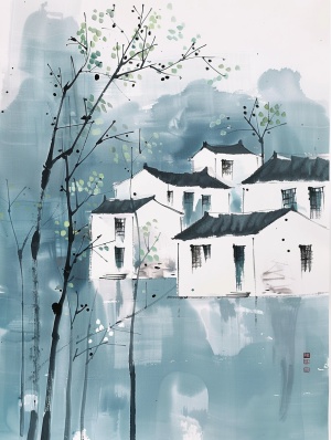 Ink painting, Chinese landscape painting of small white houses on the water in the style of Wu Guanzhong, with light gray trees and green leaves in front of them. The background is a simple blue sky, and several large ink strokes highlight their sense of lines. It features wet Ink Painting technique, delicate brushwork, ink dots, and flowing feeling. High definition resolution, traditional art form, ink color tone, natural scenery, and calm atmosphere. ar 3:4