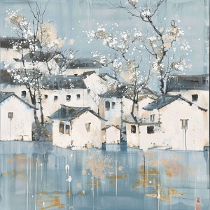 Ink painting, Chinese landscape painting of small white houses on the water in the style of Wu Guanzhong, with light gray trees and green leaves in front of them. The background is a simple blue sky, and several large ink strokes highlight their sense of lines. It features wet Ink Painting technique, delicate brushwork, ink dots, and flowing feeling. High definition resolution, traditional art form, ink color tone, natural scenery, and calm atmosphere. 极简