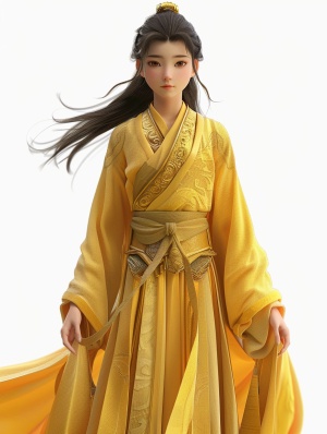 唐朝5岁女孩，Pixar样式，浅黄色汉服，全身，姿势和表情，生气，白色背景，干净的背景，3D，杰作，8K niji5