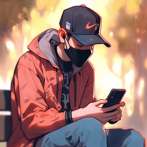 卡通头像，年轻男子，坐在公园长条椅子上，纯正面角度拍摄，带着棒球帽，戴着口罩，俯身看着手机