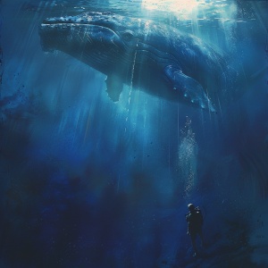 在一个深邃幽蓝的深海中，有一条巨型的蓝鲸和一个人类的身材很好的潜水员，在深海中凝视，一缕阳光从海面射下来，看的有一些阴森恐怖