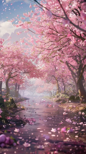 Miyazaki Hayao animation style, ten miles of cherry blossoms in full bloom, fantasy, sparkling，yoga