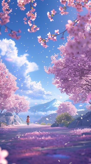 Miyazaki Hayao animation style, ten miles of cherry blossoms in full bloom, fantasy, sparkling，yoga