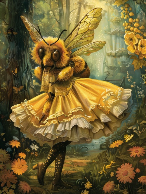 美丽的蜜蜂像人一样走路还穿着裙子。黄色。在公园带着她的老公。