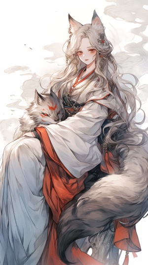 flat illustration by Chinese style,Slender body,beautiful face,fox ears,fox tail,fox demon,Japanese otome game style,movie sense,Gentle and elegant nobleman,Ming Dynasty Hanfu,freehand,blank,big eyes,double eyelids,China Ancient beautiful lady,good-lookinghands,super high-definition,exquistie details,sitting on a Chinese wooden seat,Rembrandt lighting wind,Chinese ancient artist Qiu Ying style,blank-leaving,ink style,freehand brushwork,Wuxia,white mparting a sense of calm and tranquility to the viewer,white