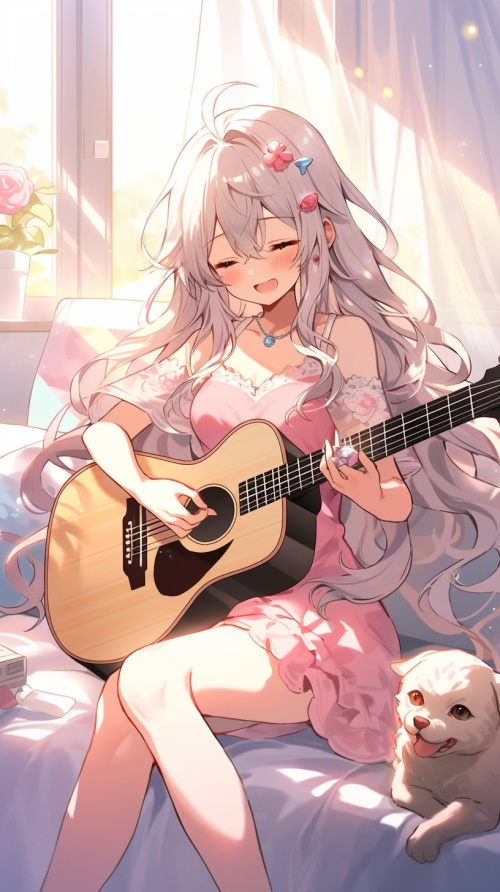 粉色长发女生，在卧室弹吉他