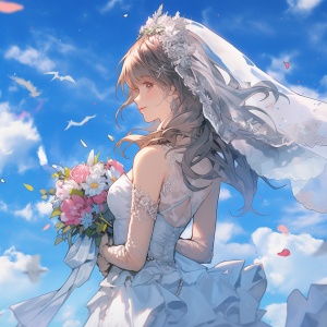 蓝天白云下的婚礼少女