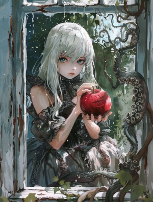一个有着白色头发和蓝色眼睛的女孩穿着维多利亚时代的裙子,坐在她家的窗户上拿着红苹果。苹果的上面有一只章鱼。黑暗奇幻哥特动漫风格,类似于黑金属专辑封面艺术。
