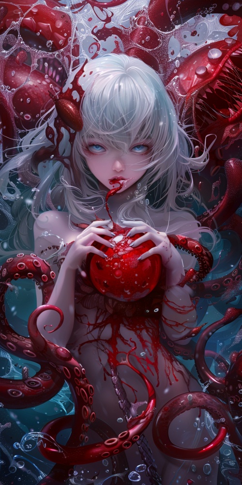 动漫女孩，白色的头发和蓝色的眼睛拿着一个红色的球，lovecraft的一幅详细的画，在pixiv上展示，现代主义，一些触手在触摸她，黏液和触手，许多触手