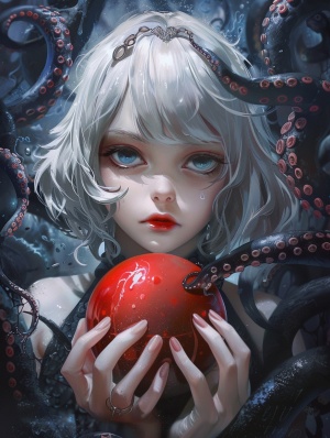 动漫女孩，白色的头发和蓝色的眼睛拿着一个红色的球，lovecraft的一幅详细的画，在pixiv上展示，现代主义，一些触手在触摸她，黏液和触手，许多触手