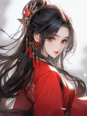 中国古代风格，可爱的小女孩，黑色长发，红色衣服