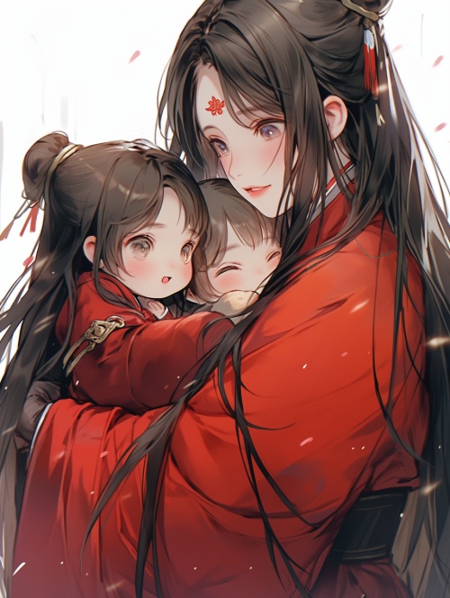 中国古代风格，可爱的小女孩，三岁幼童，黑色长发，红色衣服