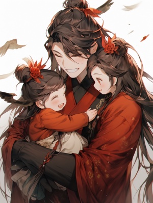 中国古代风格，一个黑衣白发的男子抱着红衣黑发三岁幼童