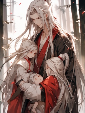 中国古代风格，一个黑色衣服白色长发的男子抱着红色衣服黑色长发的三岁幼童
