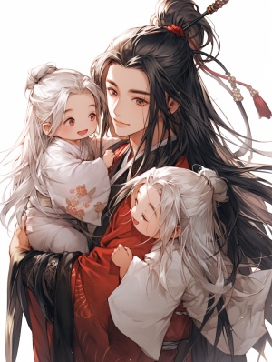 中国古代风格，一个黑色衣服白色长发的男子抱着红色衣服黑色长发的三岁幼童