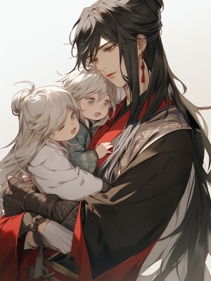 中国古代风格，一个黑色衣服白色长发的男子抱着一个红色衣服黑色长发的三岁幼童