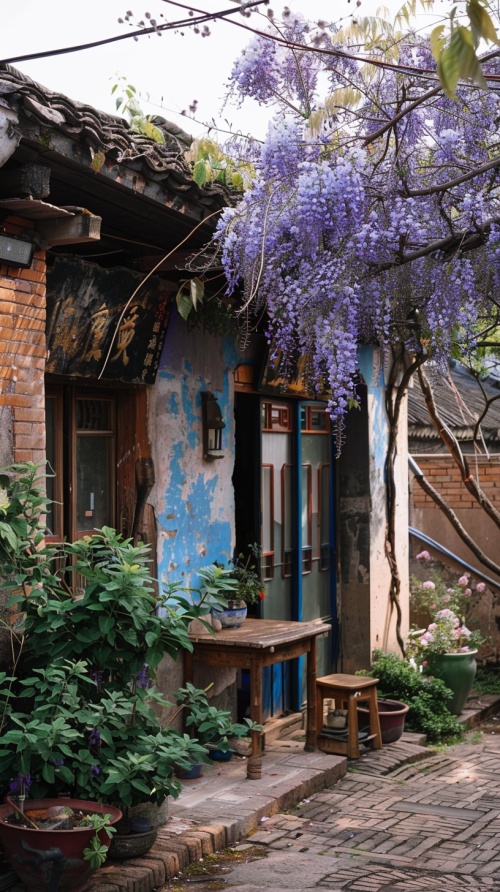 80年代农村土坯房，房子小院中有一棵盛开的紫藤花