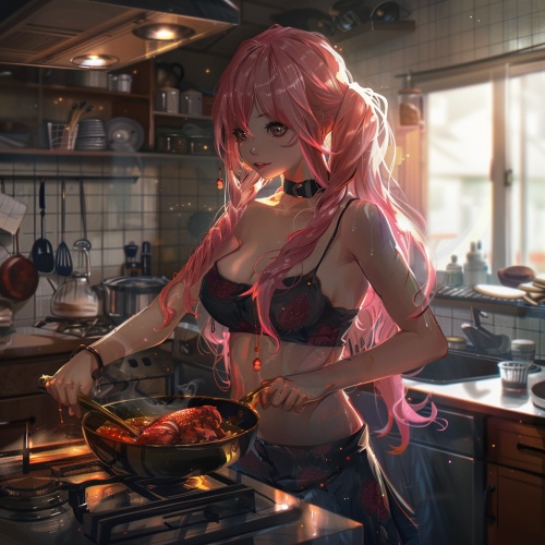 anime girl cooking in a kitchen with a pan on the stove, cooking, lofi girl, cooking it up, in the kitchen, in a kitchen, lofi girl aesthetic, lofi artstyle, 🍁 cute, realistic anime 3 d style, realistic cute girl painting, cooking show, anime picture, sakimi chan, realistic anime artstyle, anime realism style。