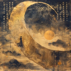 A huge gilded brush takes up 50% of the space of the picture , floating Chinese characters , golden tones , a tiny mysterious figure standing on the scroll , the stars are brilliant , dazzling light and shadow , ultra - fine details , memorial murals , Meticulous brushwork style