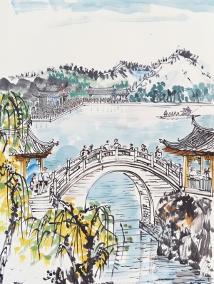 This is a minimalist line drawing Chinese painting with a black on white background outlining the landscape of Slim West Lake in Yangzhou, China. The small bridge and flowing water of West Lake in Hangzhou, China is surrounded by stone arch bridges with yellow tiles on the roof. The pavilions below display colorful banners and crowds coming to watch Spring Festival dragon dances. In front of them stands an ancient Chinese style building. It's sunny outside and there’s blue sky above.This painting by Kei