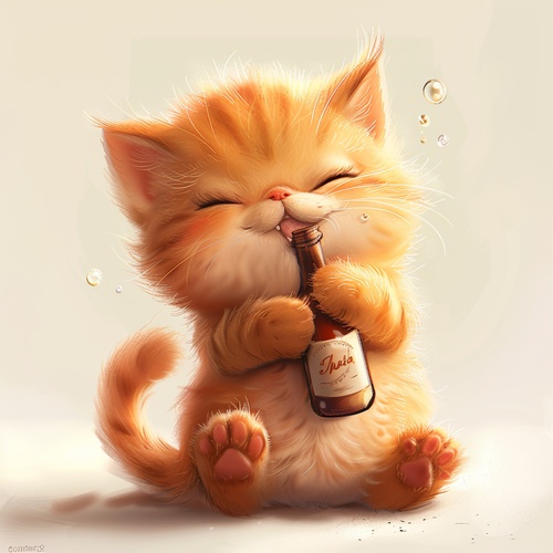 A cute chubby fluffy kitten with the style of Pixar,drunk,holding a bottle in its arms.funny expression,,white background to highlight it.