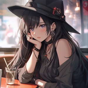一个女孩坐在咖啡馆里，戴着黑色帽子，深灰色和白色，浅灰色和黑色，灵感来自动漫的角色，8K超高清, 长发，帽子，珠宝，夹克，坐着，黑色头发，耳环，杯子，黑色夹克，衬衫