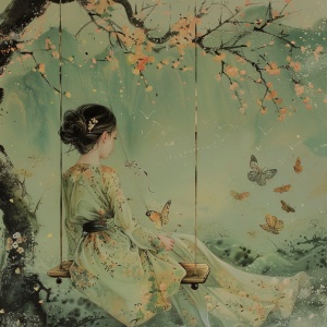 杏花树下的秋千上的少女