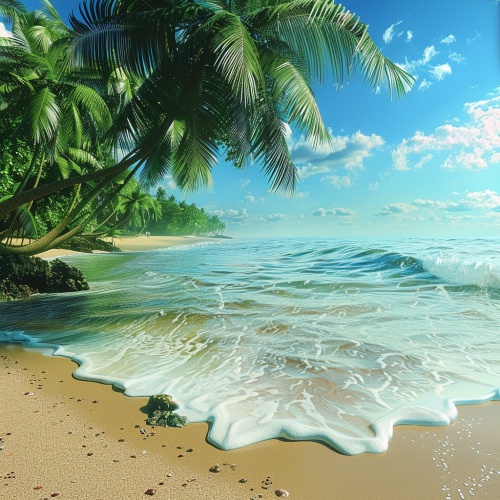 阳光明媚的沙滩，细腻绵软的金色沙粒，洁白如雪的海浪。翠绿的棕榈树沿岸婆娑摇曳，给人一种温暖的热带感。海风轻拂脸颊，芬芳的椰子味弥漫在空气中。蔚蓝的海水中，闪烁着鱼儿快乐的跃动，透明的水底世界充满着五彩斑斓的珊瑚群落。远处的天空是一片湛蓝，飘浮着几朵潇洒的白云。