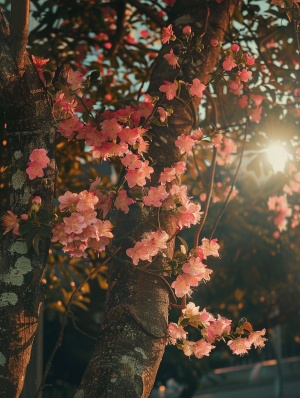 a tree with a trunk full of pink flowers near the sun, in the style of street photography vibe, 32k uhd, iberê camargo, australian tonalism, low-angle, sky-blue and brown, ricoh ff-9d