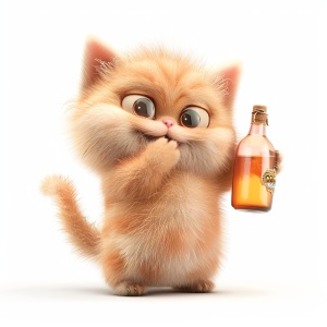 A cute chubby fluffy kitten with the style of Pixar,drunk,holding a bottle in its arms.funny expression,,white background to highlight it.